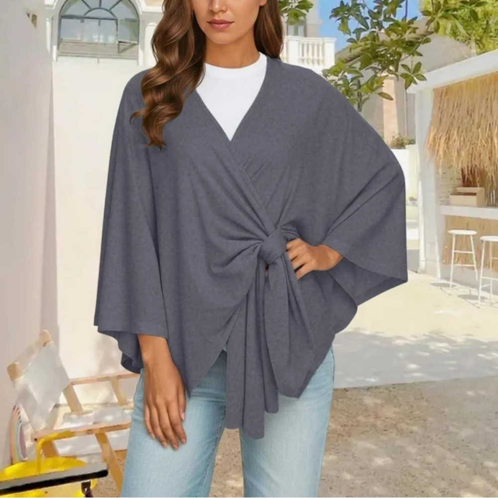 Elegant Dark Gray Women's Drape Sweater Wrap Shawl Poncho‎ Stretch OS